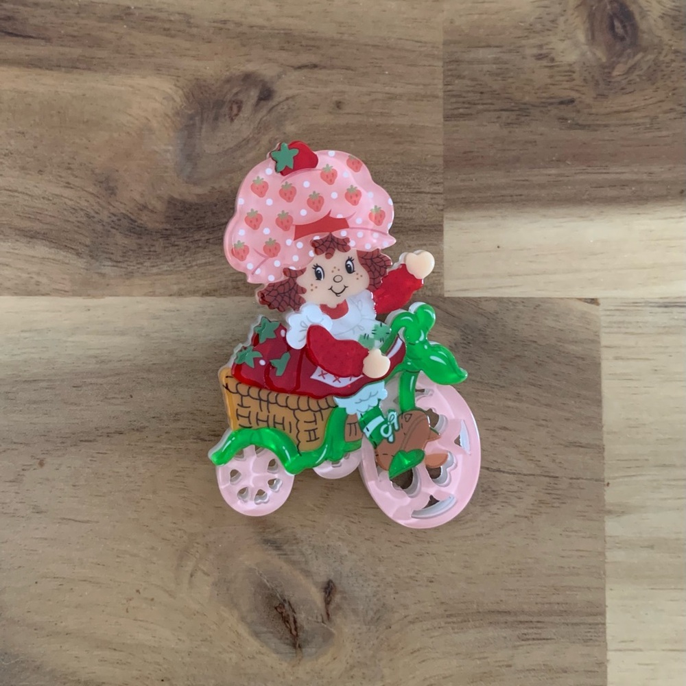 Erstwilder Strawberry Adventures Await Shortcake Brooch bicycle Pin NWOT